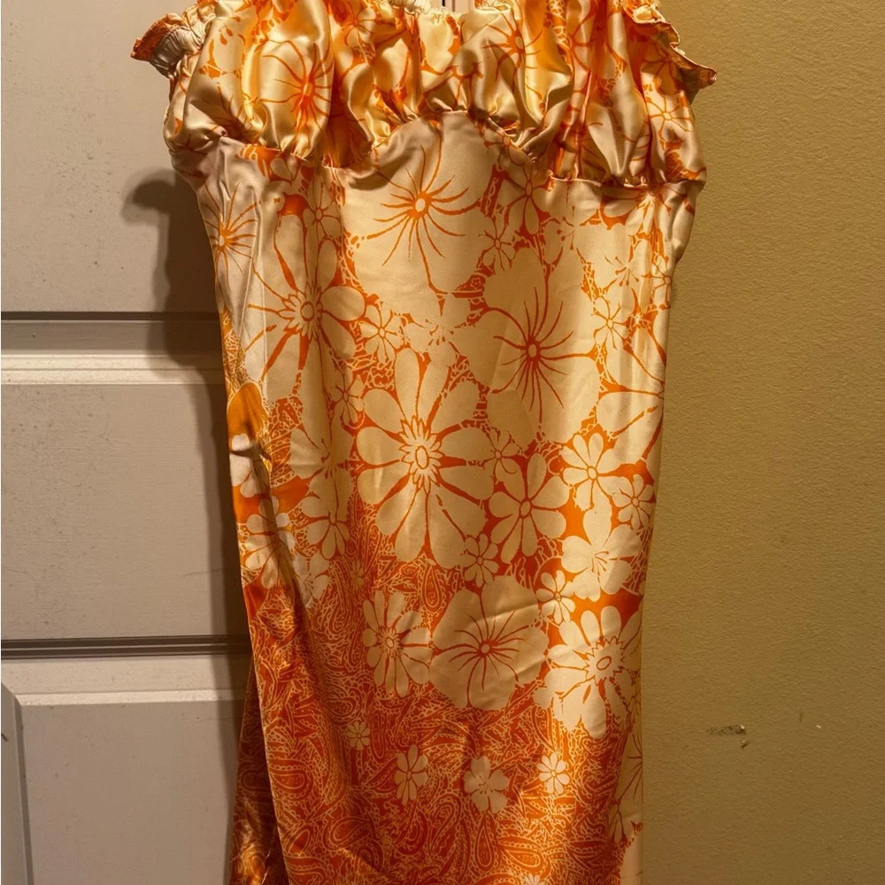 Free People Retro Daisy Asymmetrical Slipdress Orange Gold Floral Sz M - Picture 5 of 13